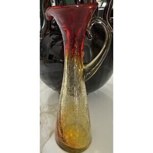 Kanawha Amberina Vintage MCM Crackle Glass Pitcher Vase Yellow 8”